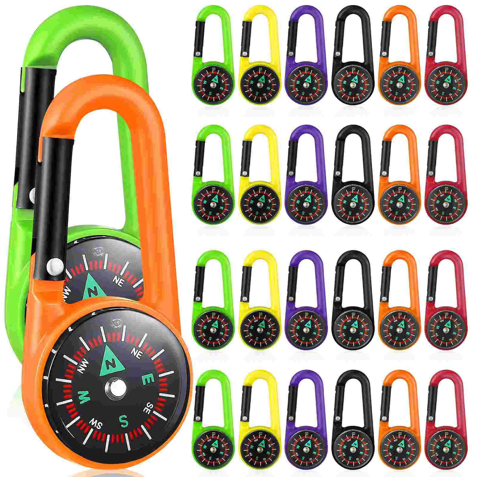 

24 Pcs Plastic Compass Guide Carabiner Clip Climbing Adventure Gear Key Fob Camping Outdoor Keychain