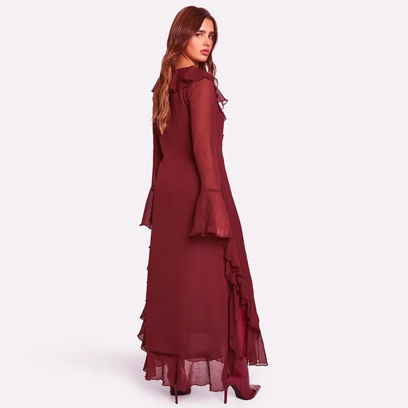 Fashion Mesh Ruffled Long Dress Women's V-Neck Loose High Waist Patchwork Elegant Party Dress Female Autumn Maxi Dress New