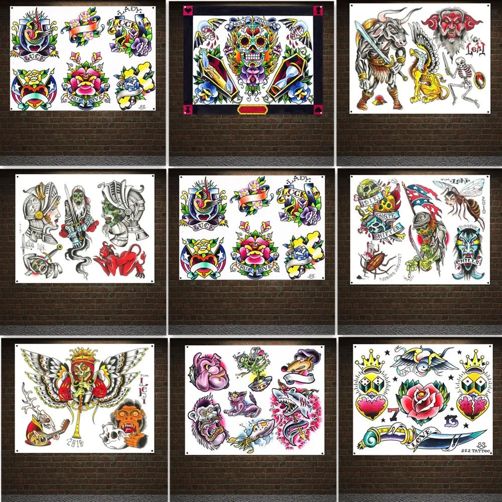 

Traditional Tattoos Designs Poster Wall Hanging Flag Mural Tapestry Gallery Tattoo Shop Decor Sticker Banner Wall Art Painting