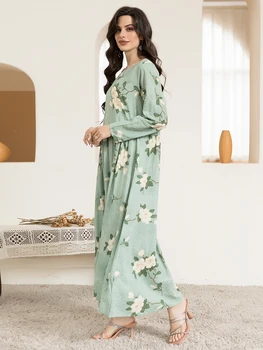 Casual Round Neck Floral Print Wrinkle Spliced Long Dress Mint Green, Women's Stylish Regular Sleeve Spring Fashion 3