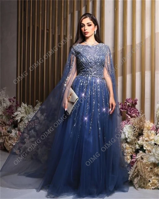 Navy Blue Long Sleeves Shiny Sparkle Long Evening Dress, Sequins Blue
