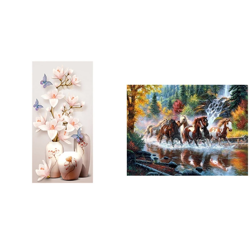 

2Set Diamond Painting Embroidery Diamond Painting Full Round Picture, "White Flower And Butterflies" & Horse Running