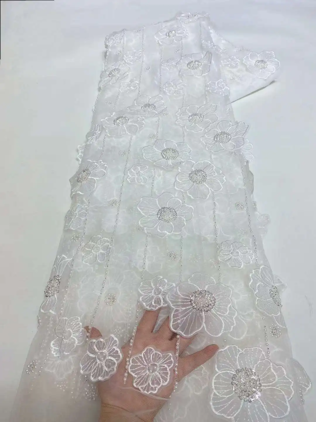 

3D Beaded Lace Fabric Luxury Bridal Wedding Dress Crystal Beads 5 Yards High Quality French Net Sequence African Tulle lace XC