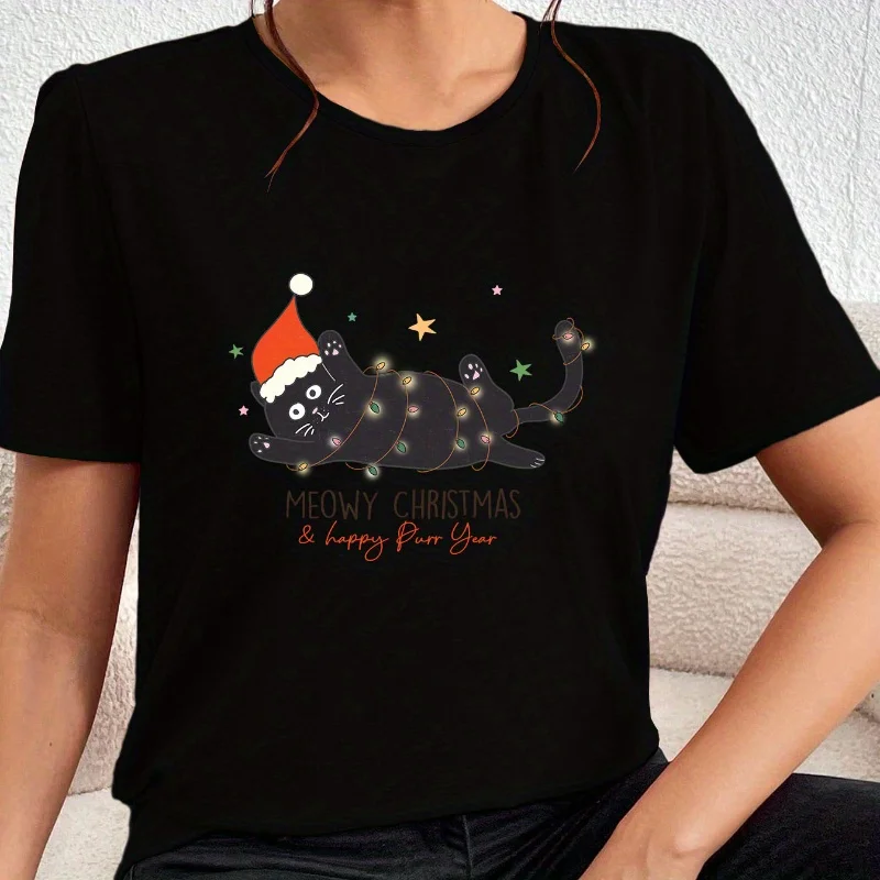 

Casual round neck short sleeved T-shirt for kittens bound by colorful lights