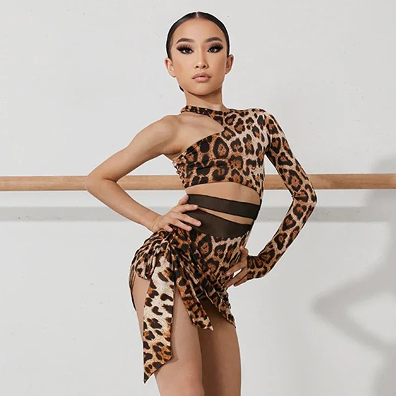 

Girl's leopard print Latin dance dress, single sleeved performance suit, cha cha samba dance practice suit