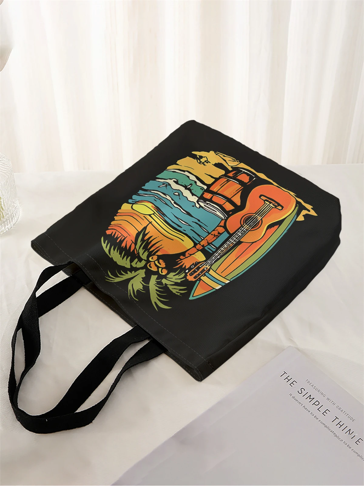 1pc,beach sunset handbag, reusable fashionable handbag, multifunctional handbag, printed canvas shopping bag