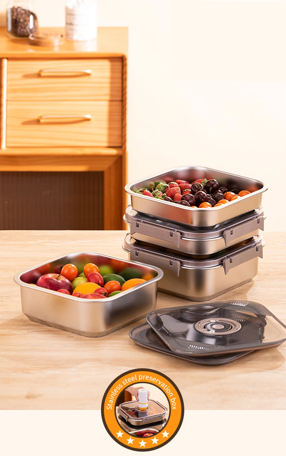 3pcs/Set Large Size Square Stainless Steel Food Storage Containers Preservation Box (1800/3000/5000ML)