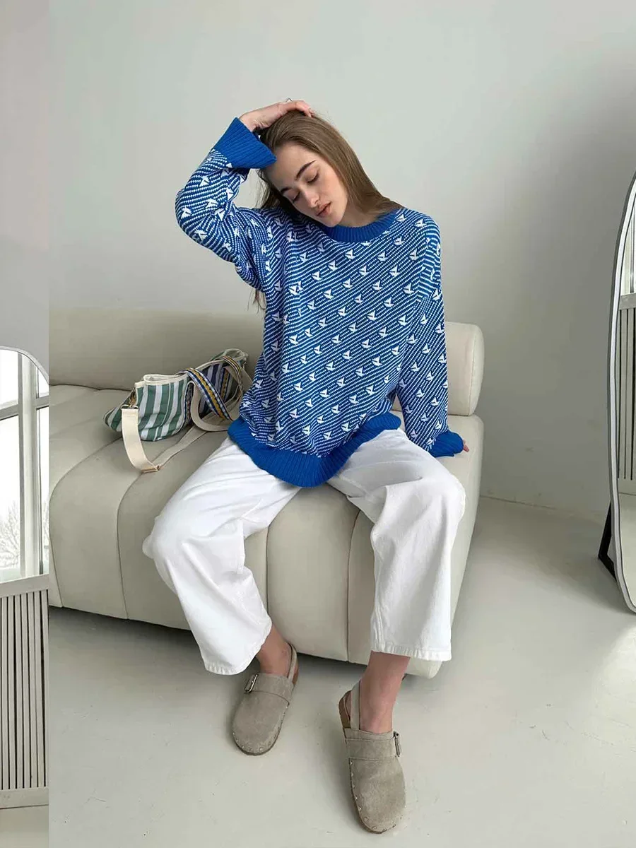 Bornladies Chic Print Knitted Pullover Fashion Women's  Casual Loose Female Top  Autumn Winter Thick Warm Oversized  Sweater