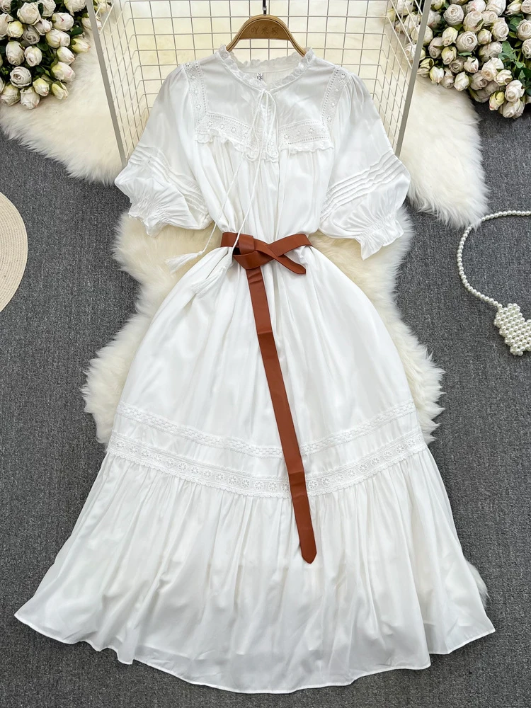 

Женское пляжное платье-миди с коротким рукавом-фонариком, круглым вырезом