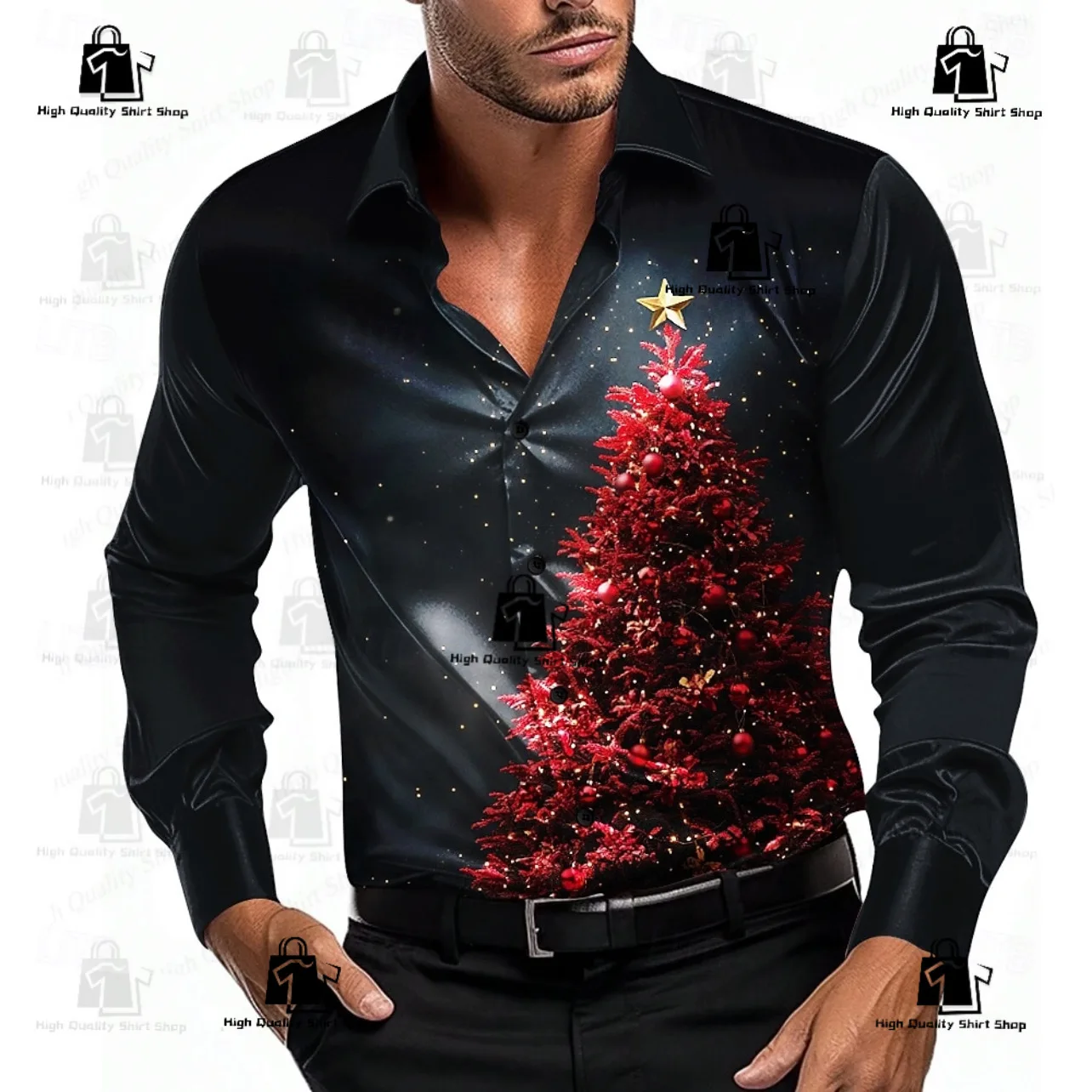 عيد الميلاد للرجال شجرة عيد الميلاد طويلة الأكمام حزب قميص عطلة يومية ملابس رجالية طوق قميص طويل الأكمام تصميم الأزياء