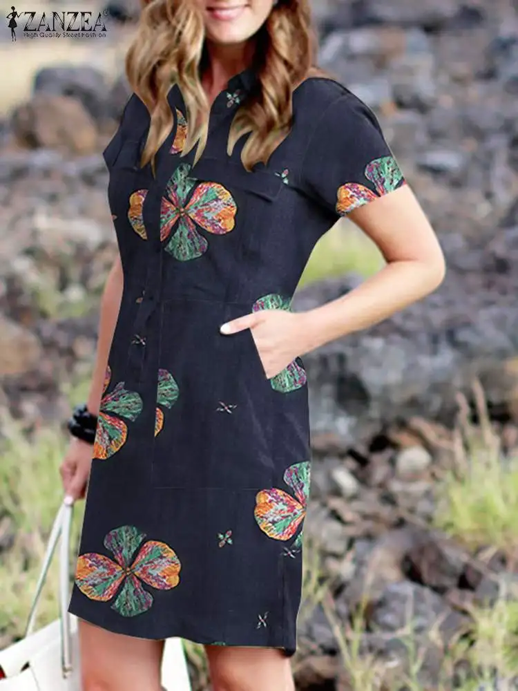 

ZANZEA Stylish Cargo Dresses Women Bohemian Short Sleeve Sundress Vintage Summer Dress Knee-length Robe Casual Holiday Vestidos