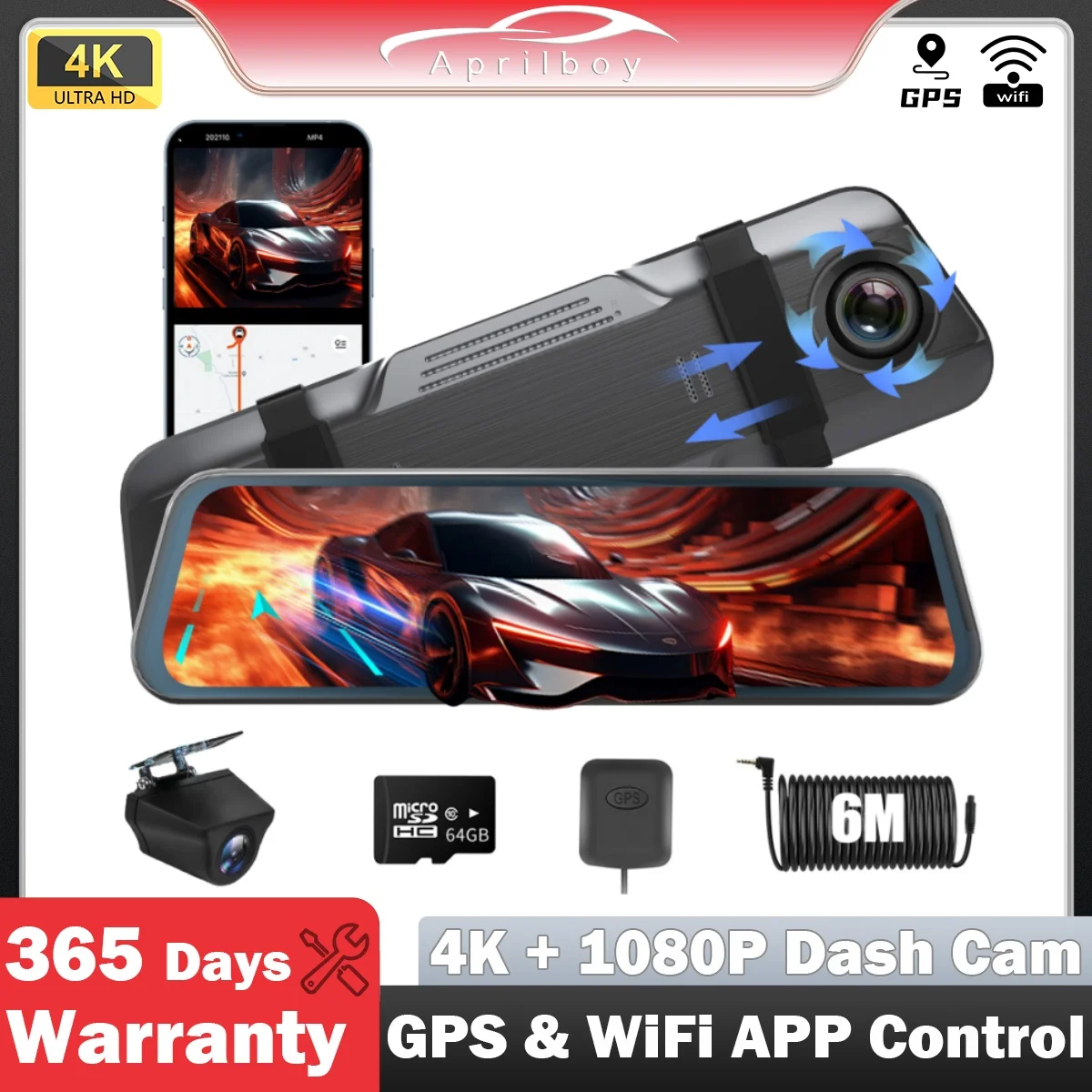 Aprilboy V696 4K 미러 자동차 DVR 레코더 10`` 터치 스크린 스트림 미디어 전면 및 후면 듀얼 카메라 후면보기 야..