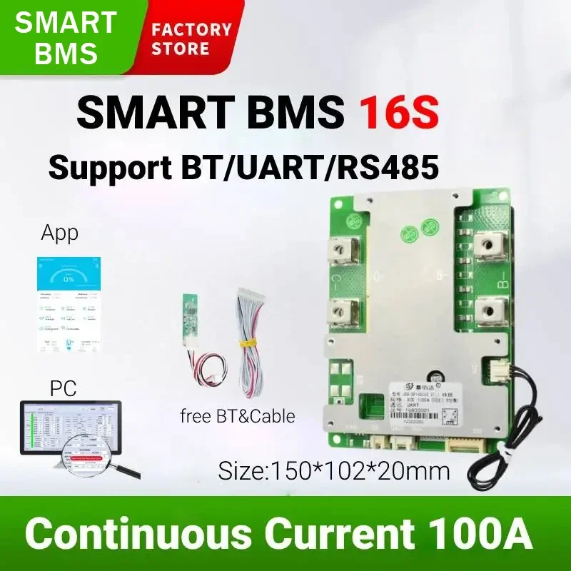 

JBD BMS 16S 100A Smart 48V Lifepo4 Bms 60V Li ion Lithium Battery Pack Balance PCB Circuit Board 3NTCs With UART RS485 Function