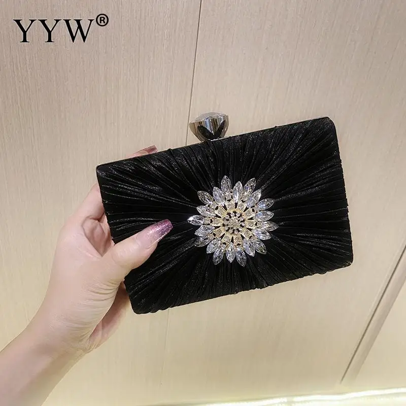 Elegant Pleated Silk Women Crystal Clutch Handbag Bling Rhinestone Floral Wedding Bridal Envelope Purse Crossbody Shoulder Bag