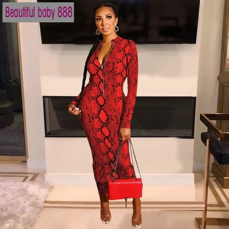 

Echoine Sexy Snake Print Bodycon Long Dress Long Sleeve Zipper Women Autumn Evening Party Night Dress Vintage Vestidos Outfits