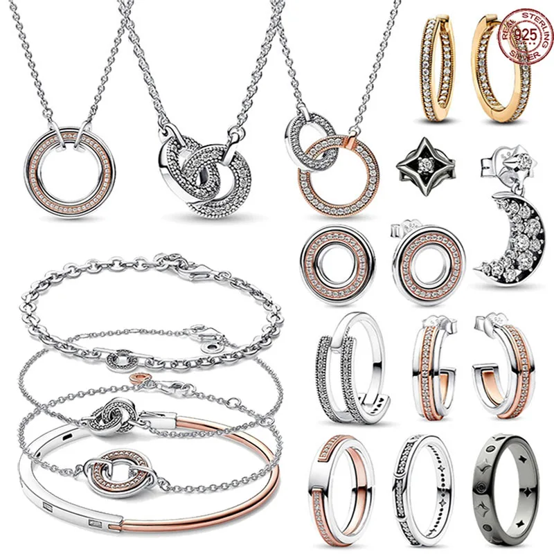 

New Jewelry 925 Sterling Silver Two tone Round Jewelry Set Sparkling Necklace Bracelet Ring Versatile Women's Accessories