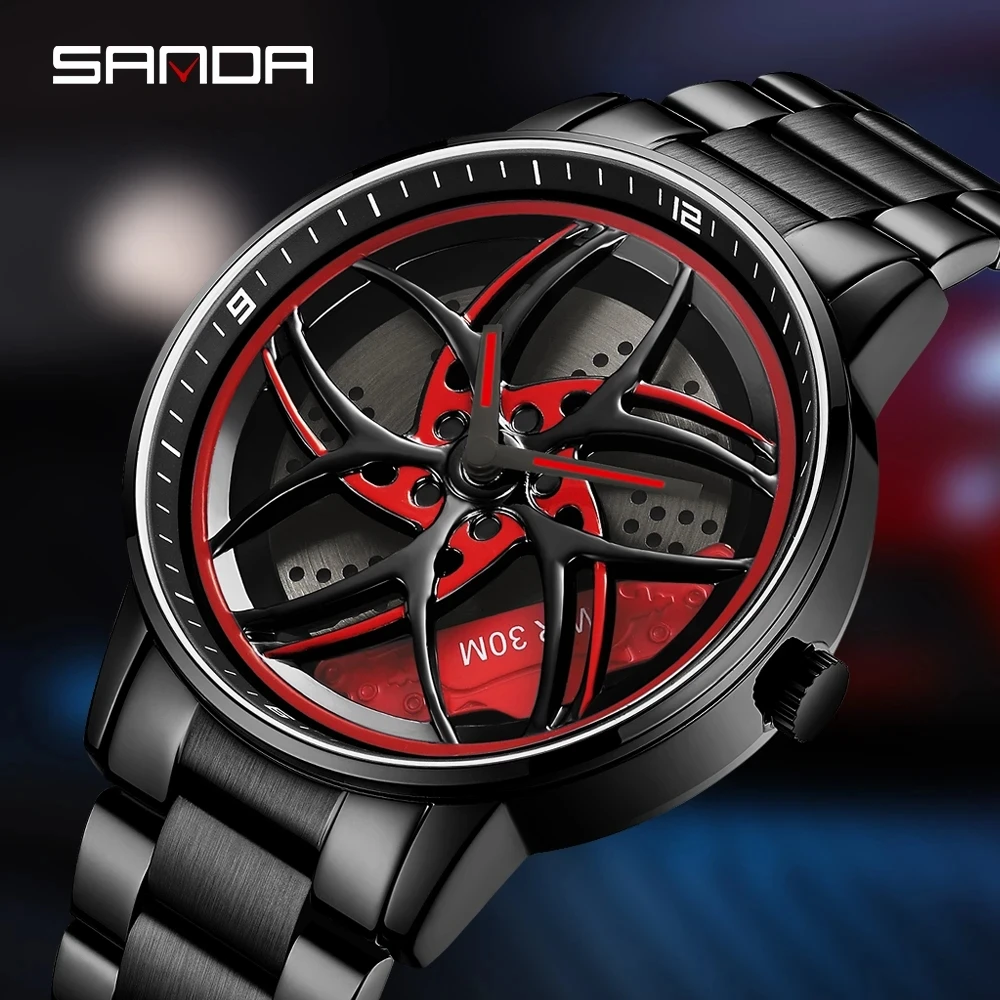 Sanda 1091 Real 3D Model Spinning Wheel Hub Watch Luxury Fashion Move Waterproof Super Car Rim Orologi Per Uomo Orologio Da Uomo