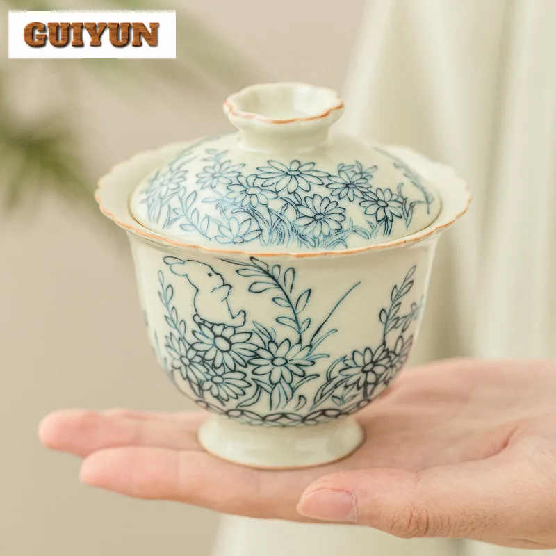 Cute Rabbit Ru Kiln Ercai Cover Bowl Chinese Sunflower Tea Bowl With Lid Tea Maker Gaiwan Teacup Pair Kung Fu Teaset Gifts
