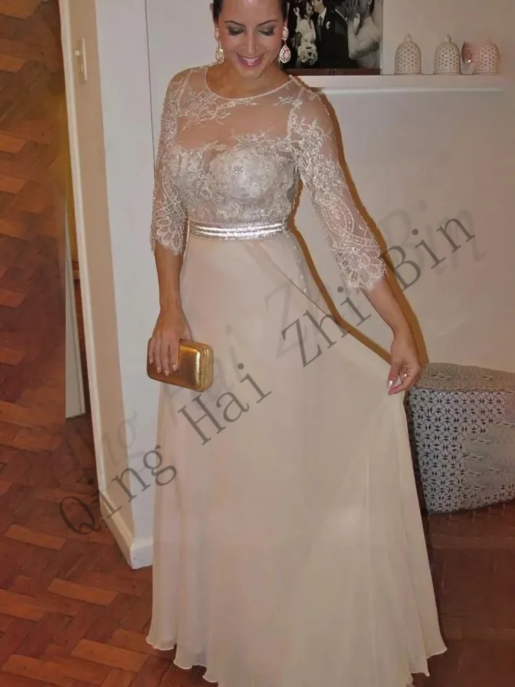 

S0308 Elegant Champagne O-Neck Straight Floor-Length Lace Long Evening Dresses/Women Formal Prom Gowns Mother of Bridal Groom