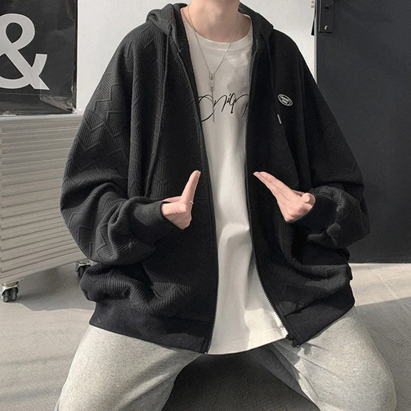 Autumn Jacquard Zipper Hooded Sweatshirt Men Korean Fashion High Street Cardigan Casual Oversized Y2K Vintage Hoodies Jacket customized hoodies,men hoodie