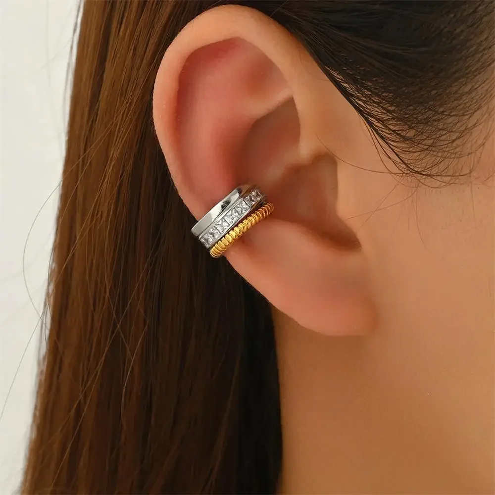 Gothic Double Mix Color Twisted C Shape Earclip Earrings for Women Grils Non Perforate Square Zircon Earclips Punk Jewellery New