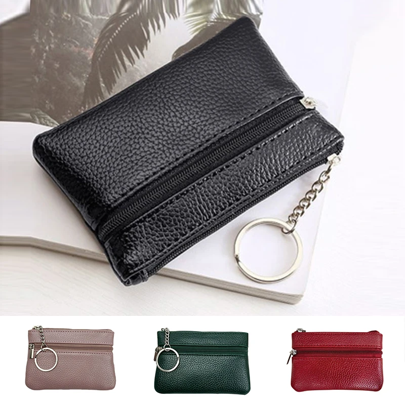 Unisex PU Leather Zipper Pockets Coin Purse Solid Pouch Wallet Small  Storage Bag