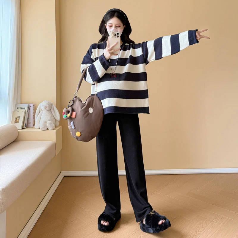 임산부용 라운드넥 스트라이프 니트웨어 캐주얼 오버사이즈 후드티 슬리밍 가을 겨울 신상 레이지 패션 플러스 사이즈 의류
