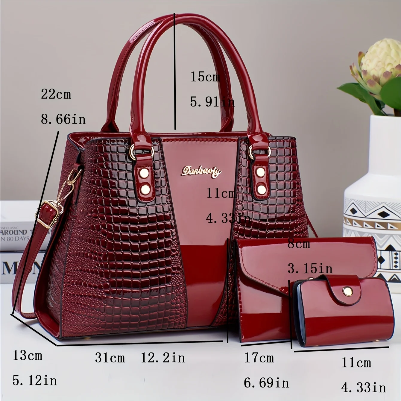 Luxury 3pcs Handbag Set Crocodile Pattern Large Capacity Crossbody Bag Glossy Patent Leather Tote Bag with Wallet and Card Bag