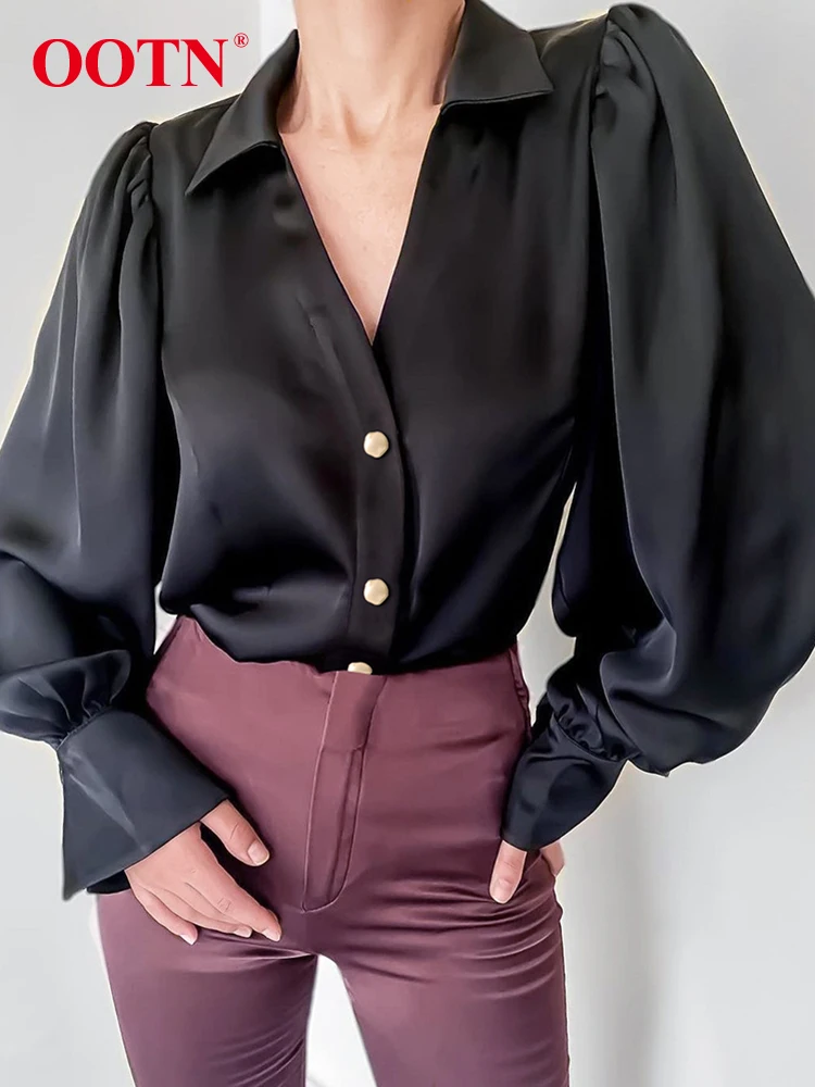 

OOTN Elegant Black Lantern Sleeve Shirts Female 2023 Satin Single Breasted Woman Blouse Office Slim Turn Down Collar Ladies Tops