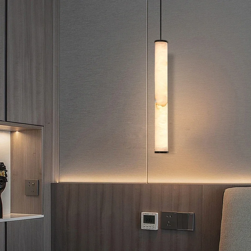 Copper Natural Marble Hanging Chandelier Light Fixture Small LED Pendant Lamp for Bedroom Dining Room Home Decor