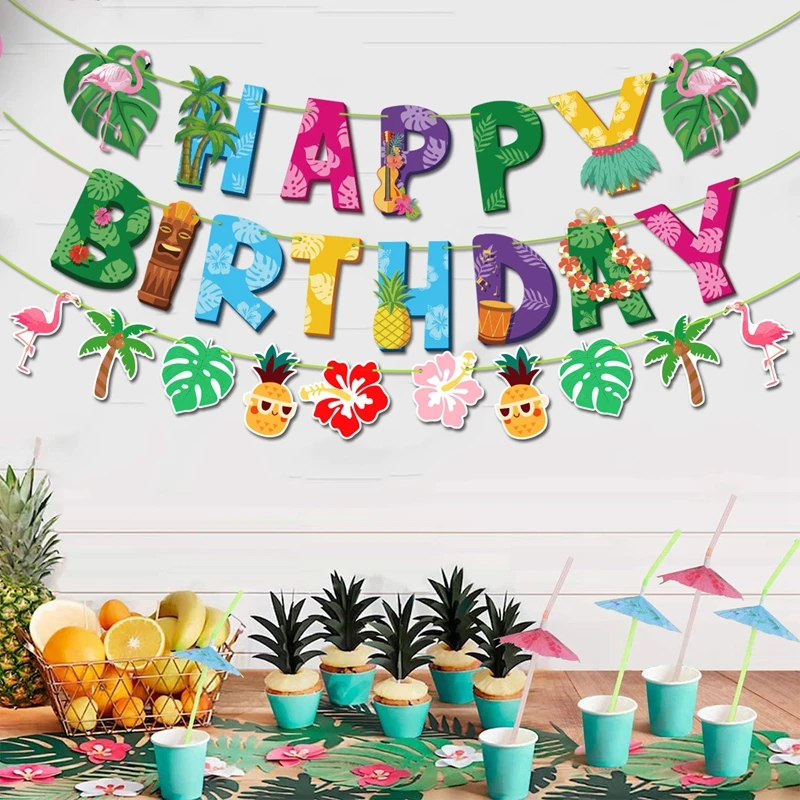Hawaiian Party Decoration Happy Birthday Garland Cartoon Flamingo Pineapple