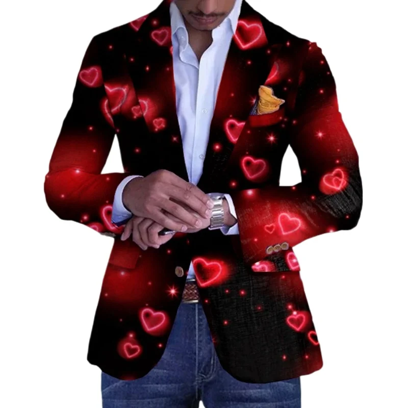 Mens Blazer Jacket Valentine's Day Business Pattern Print Gradient Pockets Single Breasted Blazer Men Slim Fit Wedding for Men