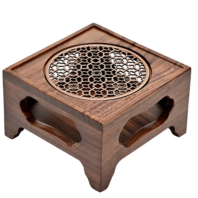 Zen Walnut Four-Legged Tea Stove, Handmade Solid Wood Heating Base, Chinese-Style Tea Cooker for Aromatherapy and Ceremony