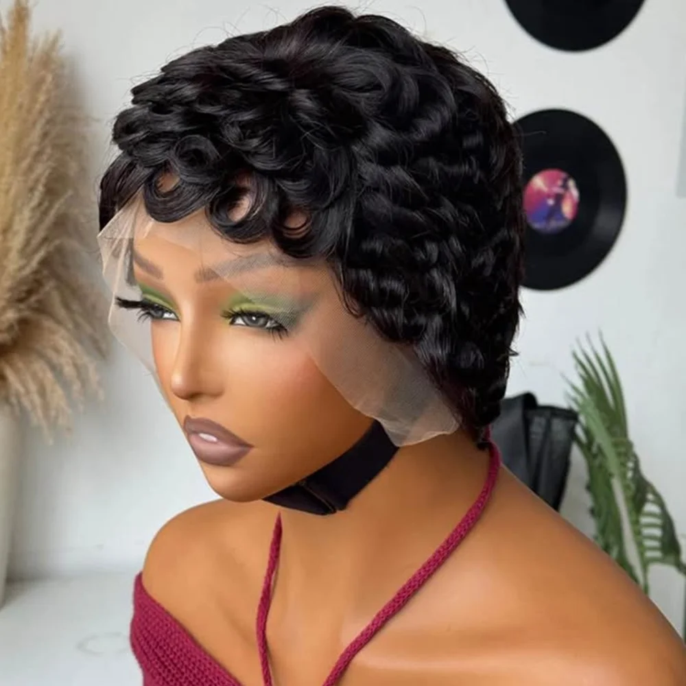 6inch Short Bob Wig Loose Curly 100% Human Hair Wig Lace Frontal 13x4 Human Hair Wigs 180% Density Natural Color for Black Women