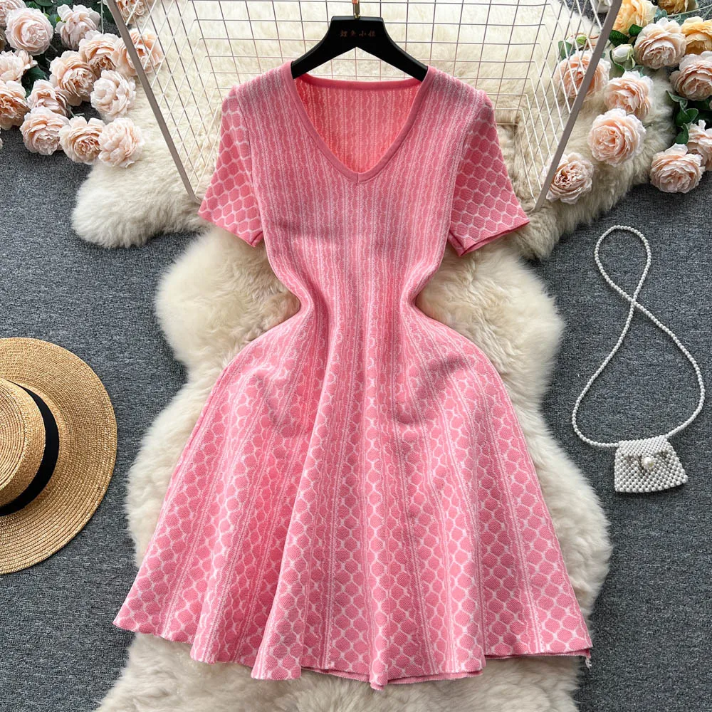 

SISHION 2023 Summer Women Dress Elegant Knitted V Neck Slim Short Mini Dress Pink Fashion Casual A Line Dress SR888