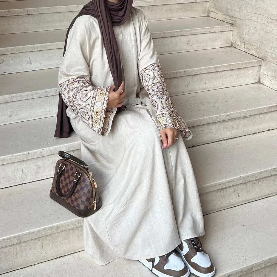 Embroidered Cotton Linen Abaya Kimono Muslim Hijab Dress Open Abayas for Women Dubai Turkey Saudi Kaftan Islamic Modest Clothing
