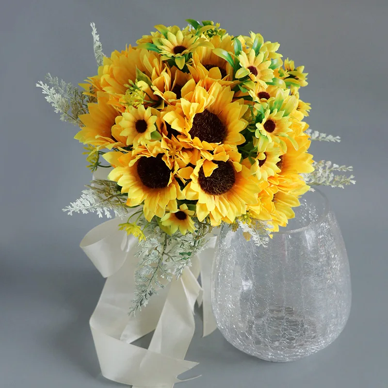 Tanio Romantyczny sztuczny słonecznik bukiet ślubny