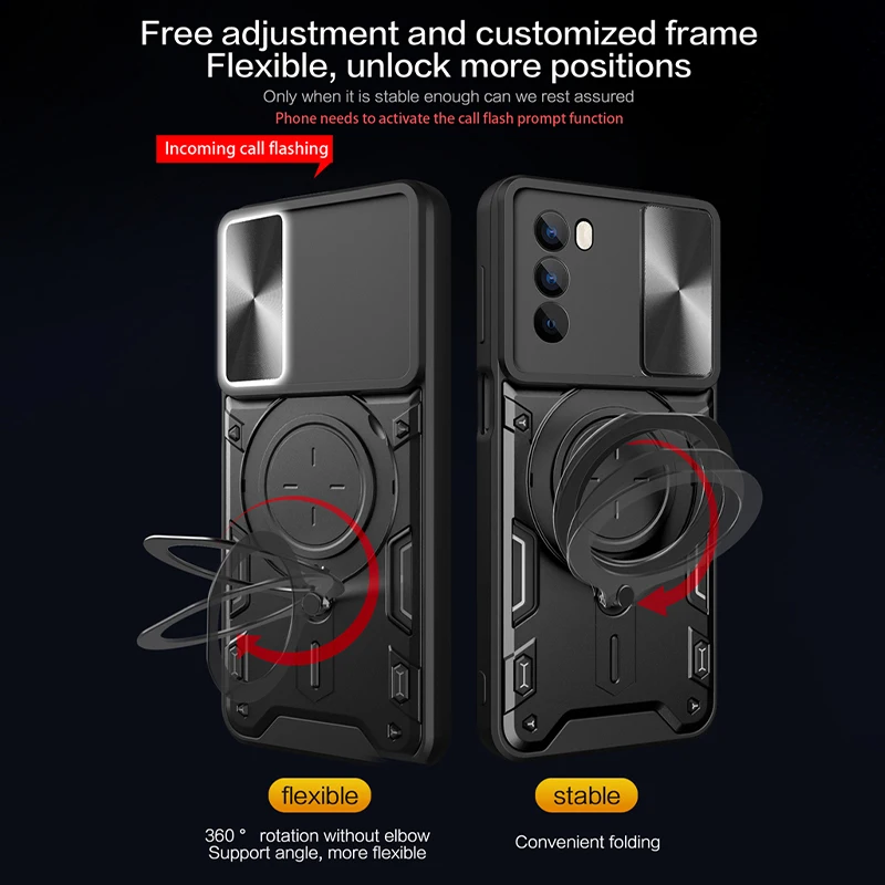 Magnetic Holder Ring Shockproof Armor Phone Case with Slide Camera Cover
