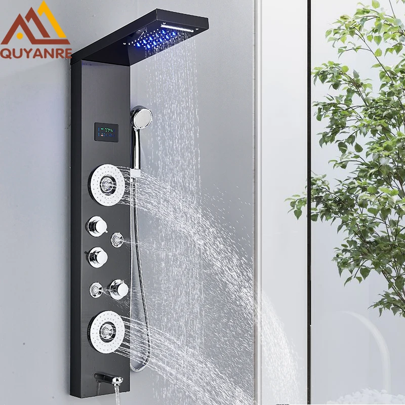 LED Shower Panel Tower System Rain Waterfall Shower Column Hydroelectricity LCD Display With Massage Body Spa Bath Faucet shower panel