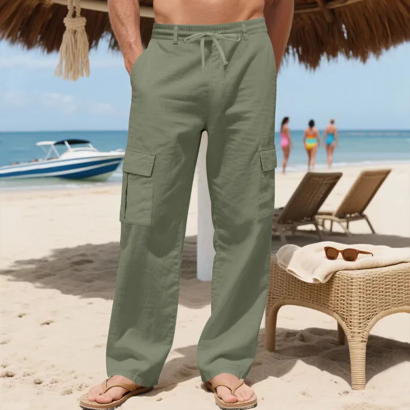 Men Beachwear Cargo Pants Elastic Waist Pocket Wide Leg