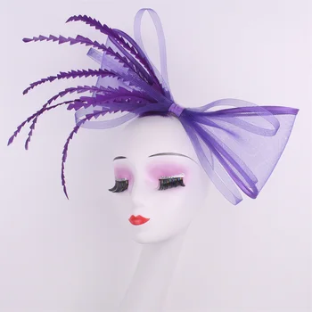 Purple Elegant Bow Fascinator Party Hats Wedding Headwear Bride Hair Accessories Feather Pillbox Cap Derby Headdress Veils Cap 1