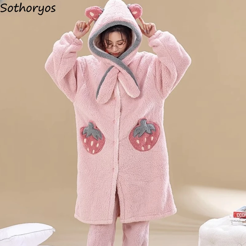 

Пижамный комплект с капюшоном для женщин, милая утепленная мягкая удобная одежда для отдыха из кораллового флиса с карманами, осенняя одежда