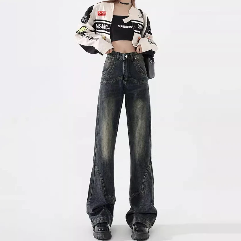 American retro cement grey wide-legged jeans female spring new high-waisted thin loose not stick leg straight trousers
