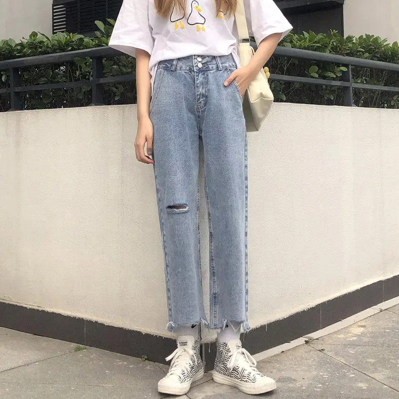 

Ripped Straight High Waist Denim Pants Women Skyblue Vintage Tassel Jeans Casual Wide Leg Baggy Harem Pants Ladies 2022 New