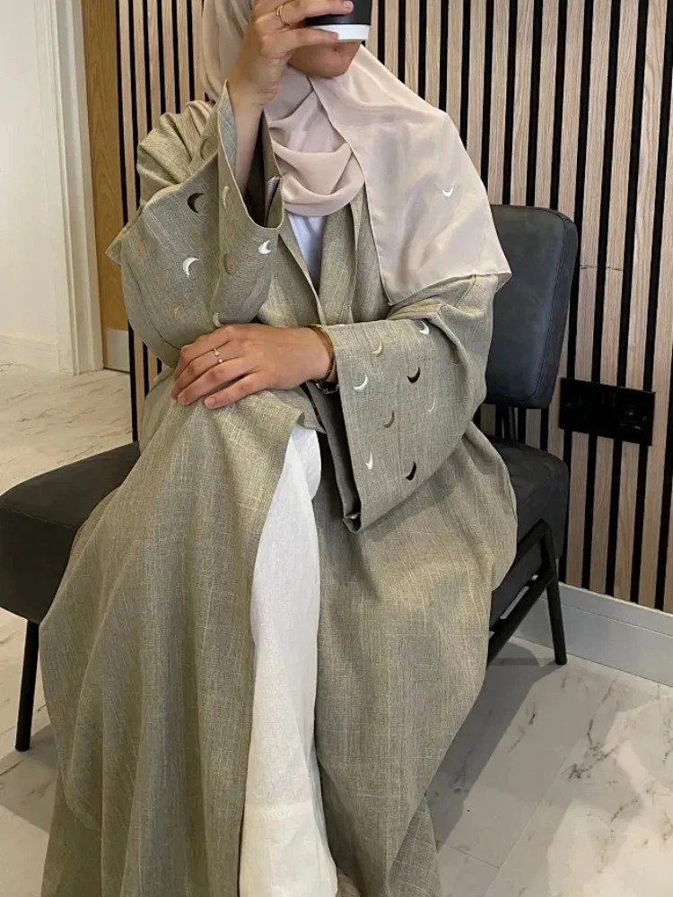 Moon Embroidery Linen Open Abaya Kimono Muslim Saudi Abayas for Women Dubai Luxury Turkey Kaftan Hijab Dress Islamic Clothing