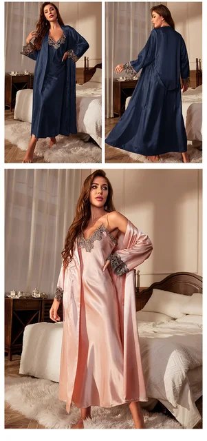 Set Pigiama E Vestaglia Donna In Raso - Due Pezzi Con Lacci, Abito Da Notte Lungo E Comodo - Foto 11