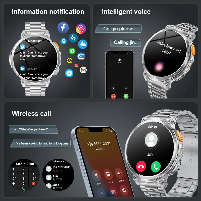 LIGE K66 Smart Watch Men Flashlight Bluetooth Call 1.85inch 128MB Memory 730mAh Large Battery LED Light Outdoor Sport Smartwatch