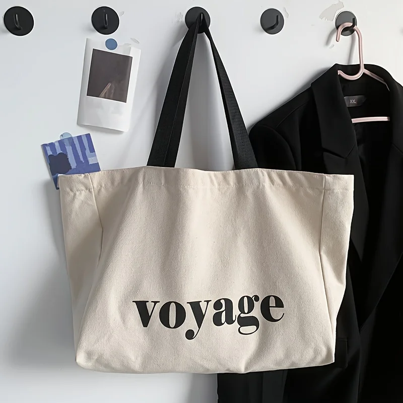 Large Canvas Tote Bag For Women With Voyage Lettering Casual Handbag Shoulder Bag Perfect For Travel Shopping Durable School Bag