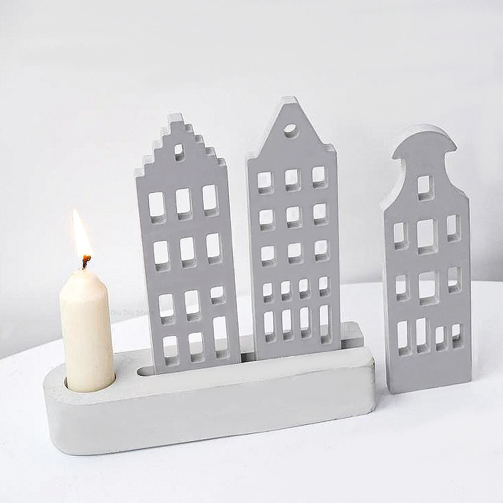 Multilayer House Candle Holder Silicone Mold DIY Window House  Candlestick Resin Crafts Molds Plaster Concrete Making Home Decor