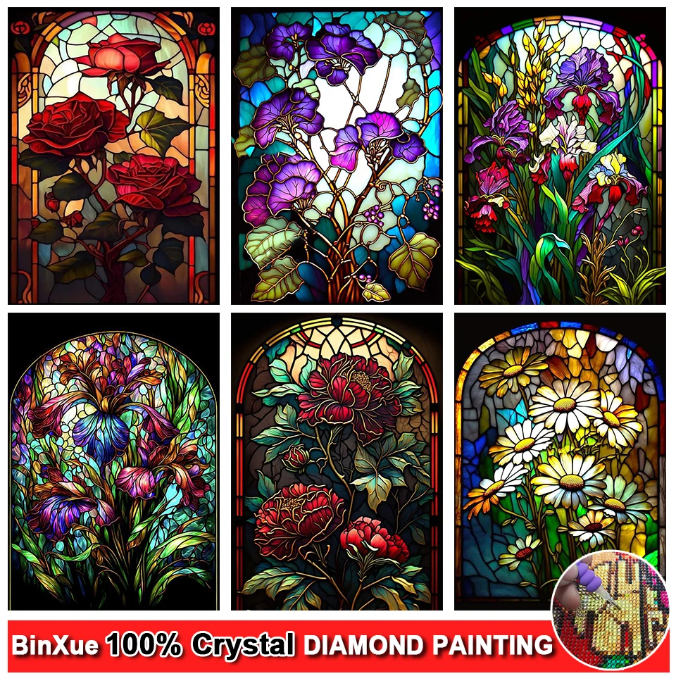 

Flower Glass Art Full 100% Square Crystal Diamond Painting Tulip Rhinestone Rose Embroidery Peony Chrysanthemum Mosaic Art Gift